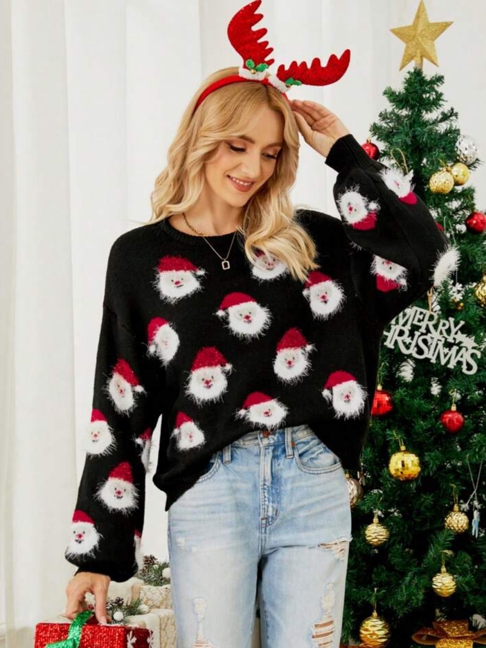 Women's Santa Claus Graphic Knit Sweater, Autumn/Winter Christmas